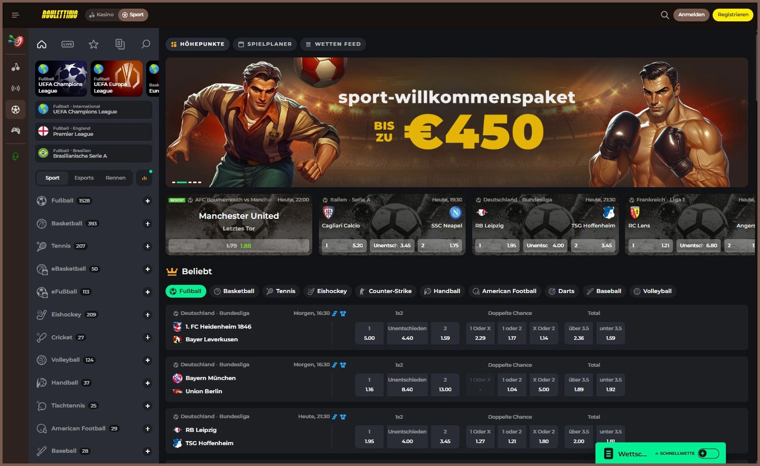 Virtuelle Sportwetten bei Roulettino Casino