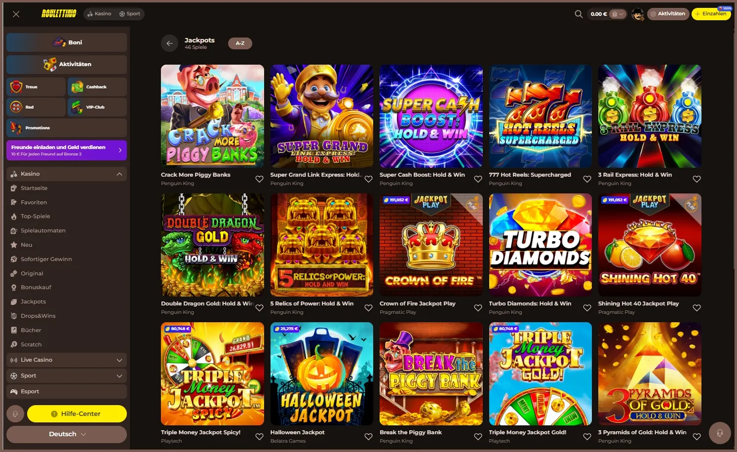 Jackpot-Spiele mit hohen Gewinnen bei Roulettino Online Casino